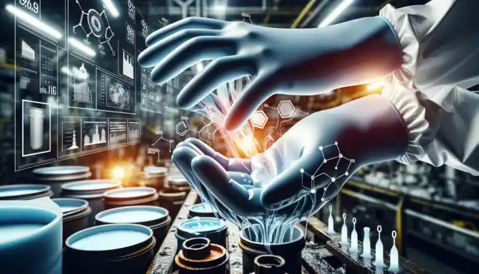 Close-up of durable PVC gloves on a worker's hands in a factory, handling chemicals safely, showing flexibility, resistance, and protection.