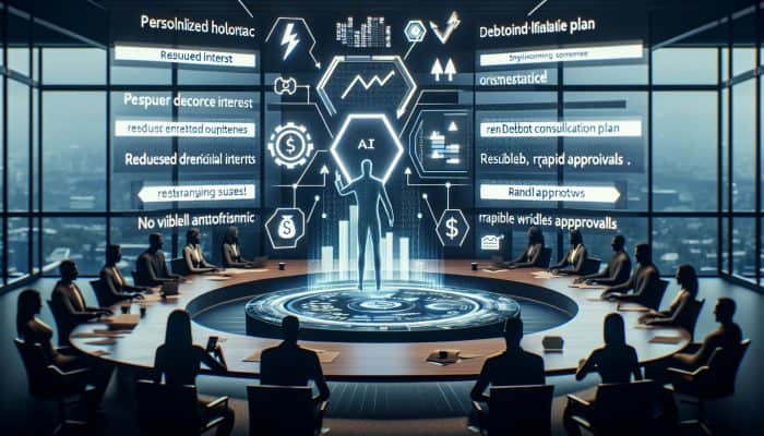 How AI Improves Debt Consolidation Loans: Benefits Explained | DCL How AI Improves Debt Consolidation Loans: AI hologram in a futuristic UK office analyzes financial data, generating personalized debt plans with graphs showing reduced interest and fast approvals.