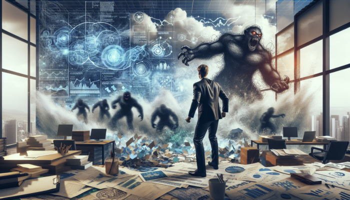 A determined small business owner in a cluttered Patchway office, surrounded by swirling algorithm storm clouds and shadowy competitor giants, strategising for online survival.