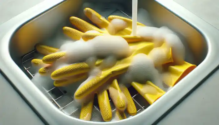 Yellow rubber gloves being rinsed with foamy detergent in a spotless sink, soap bubbles glistening, and air drying on a rack.