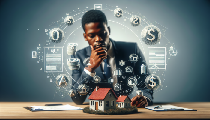 South African financial advisor reviews loan documents at a modern desk with income charts, debt ratios, and a model house.