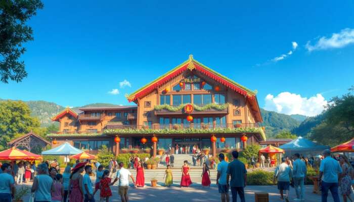 A vibrant resort set amidst lush greenery, showcasing guests enjoying a lively outdoor festival featuring traditional music, dance, local cuisine, and seasonal sports activities like beach volleyball and hiking under a clear blue sky.