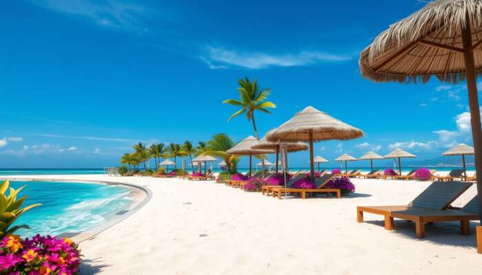 A luxurious beachfront resort during the dry season, adorned with vibrant tropical flowers, sun loungers under thatched umbrellas, and a clear blue sky overhead.