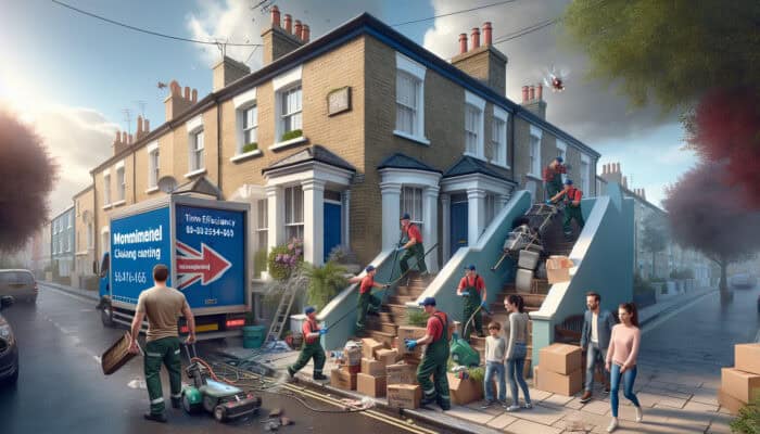 Professional movers in a bustling UK street clear a cluttered house, transforming it into a pristine home, as a relieved family smiles nearby.