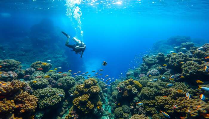 Divers exploring the Great Blue Hole, surrounded by vibrant coral reefs and schools of colorful fish, with sunlight filtering through the water's surface.