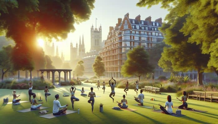 Serene British park at dawn: diverse people practicing yoga and mindfulness amid greenery and urban landmarks for stress reduction and weight loss.