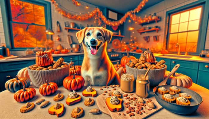 A cheerful dog with a wagging tail sits in a festive kitchen, surrounded by homemade treats made from pumpkin, peanut butter, and oats.