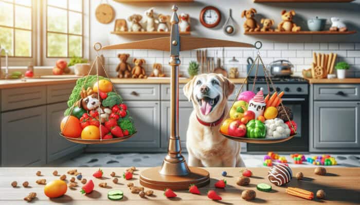A playful dog balances on a scale with fresh fruits and veggies on one side, a colorful festive treat on the other, in a sunny kitchen with toys.
