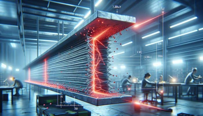 Close-up of a metal beam under uneven loading, with glowing red stress points, cracks, and force vectors in a high-tech lab.