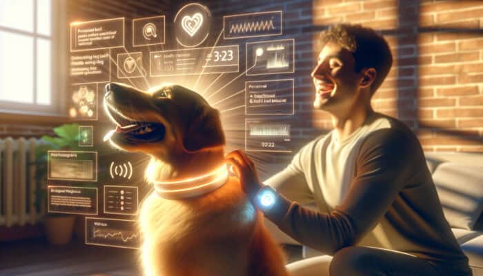 A joyful golden retriever wearing an AI collar, with an owner smiling and petting it, as a tablet displays health data in a sunlit home.