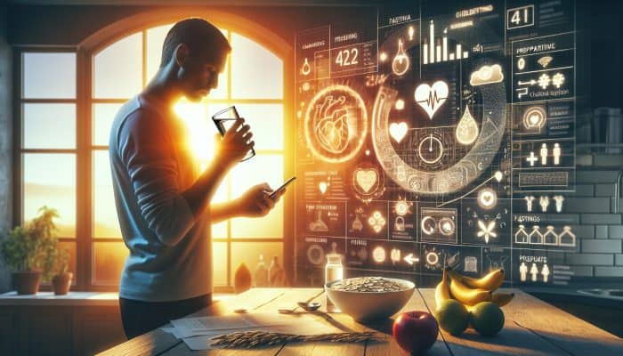 A focused person in a sunlit kitchen at dawn, sipping water and reviewing a health checklist on their phone, surrounded by fruits, oats, and a fasting note for a cholesterol test.