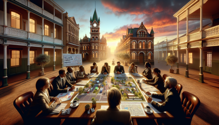 Experts in formal attire discussing enhancements to educational districts in Graaff-Reinet, surrounded by Victorian architecture and maps during a vibrant sunset.