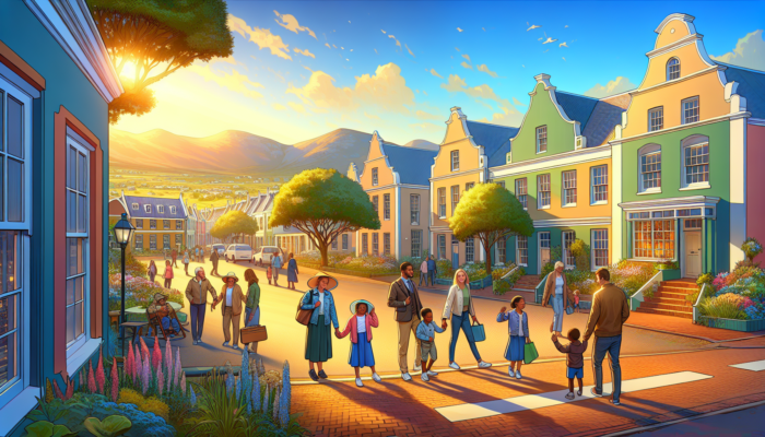 A lively street in historic Graaff-Reinet featuring Cape Dutch houses, lush gardens, families walking to school under a sunny sky.