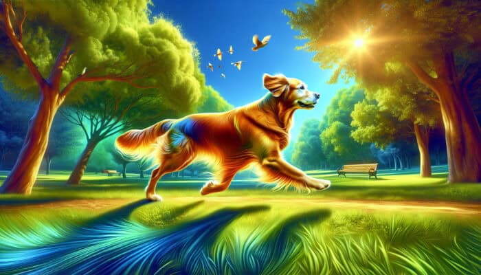 An elderly golden retriever joyfully running in a sunny park, with smooth joints and a shiny coat, symbolizing omega-3 benefits.