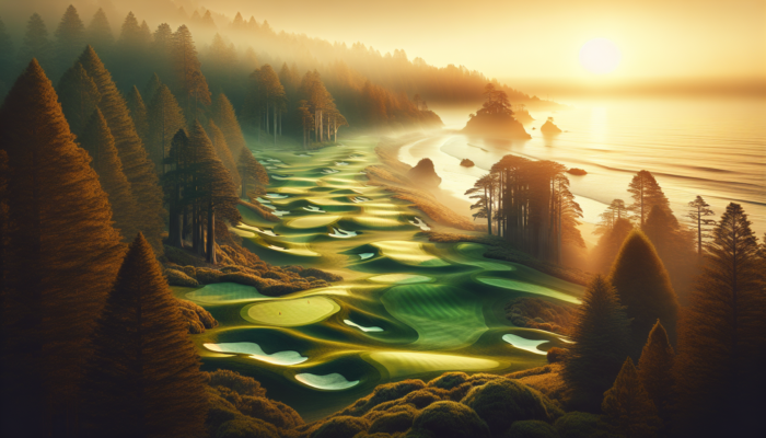 A majestic golf course at dawn, with emerald fairways winding through redwood forests, ocean cliffs, waterfalls, and bunkers under a golden sky.