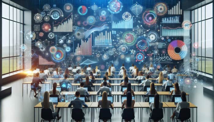 Diverse market research trainees in a modern classroom, surrounded by digital screens showing overwhelming data, using tools to filter and visualize information.
