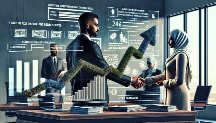 guarantor debt consolidation loans explained: Key Insights | DCL A UK loan officer in a modern office reviews guarantor documents, surrounded by income and credit score charts, while shaking hands with a reliable guarantor.