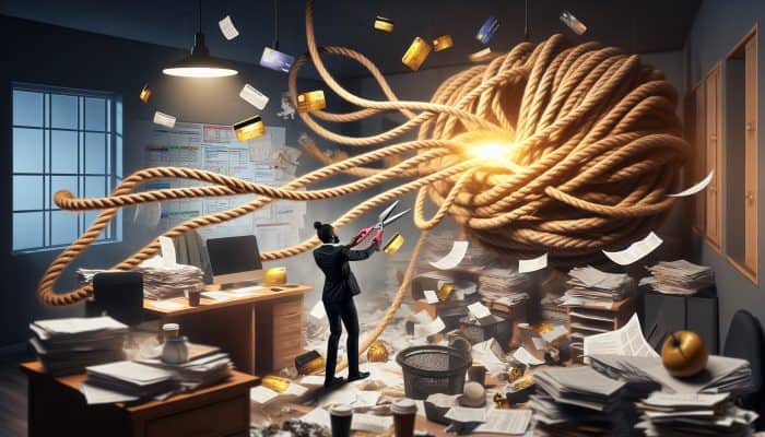 A person in a cluttered home office cuts through tangled ropes of debts to reveal a glowing golden rope symbolising financial freedom.