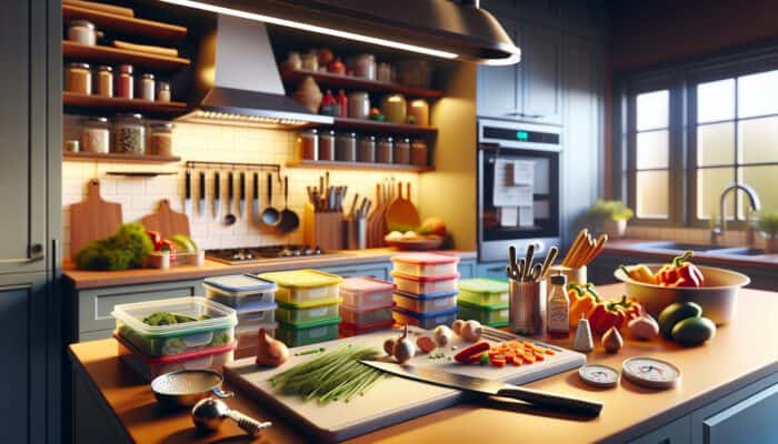 An Australian kitchen counter with sharp knives slicing vegetables, stacked colorful storage containers, and measuring spoons under warm lighting.