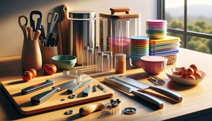 A well-organized kitchen countertop with sharp knives on a wooden board, colorful measuring cups, sturdy glass containers, and a can opener in warm light.