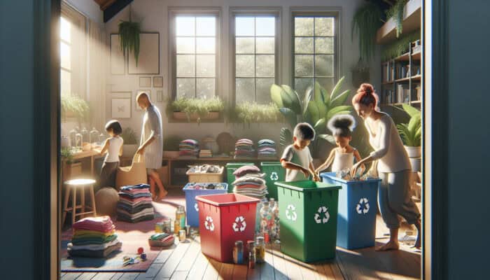 In a sunlit British home, a family sorts items into color-coded recycling bins, with clothes for donation and potted plants nearby.