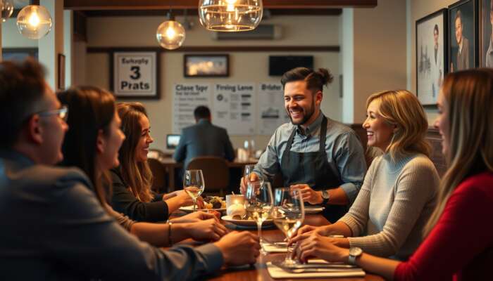 Waitstaff in a cosy restaurant warmly engaging smiling guests with personalised menu recommendations and a welcoming atmosphere.