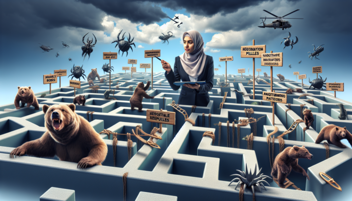 Buyer navigates treacherous property market maze, avoiding hidden costs and resale pitfalls, consulting research under stormy sky.