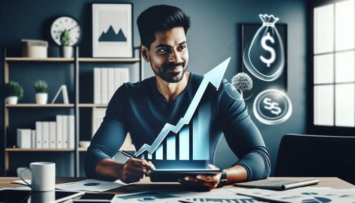 Confident individual in a modern home office reviews an upward-trending credit score on a tablet, surrounded by broken chains and green dollar signs symbolising financial freedom.