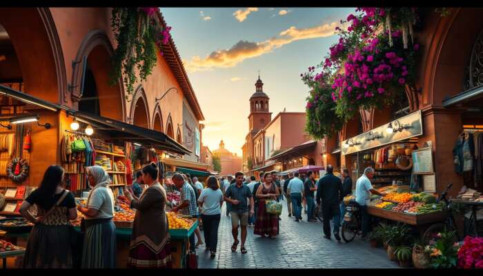 Bustling street market in San Miguel de Allende: locals haggling over colourful artesanias, fresh produce, and flowers under colonial archways at sunset.