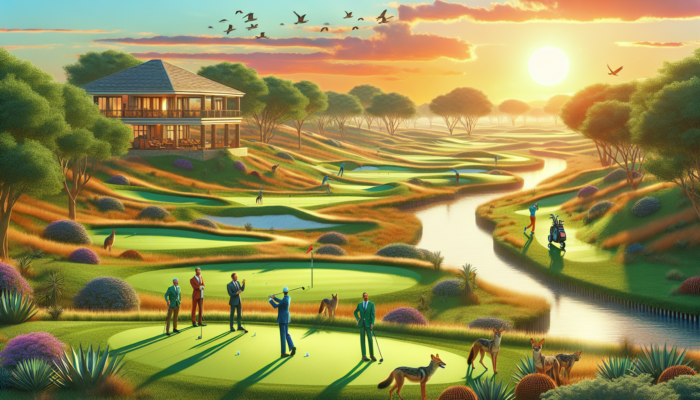 Vibrant golf course at Jackal Creek with manicured greens, winding creek, distant jackals at sunset, players teeing off, and luxurious clubhouse.
