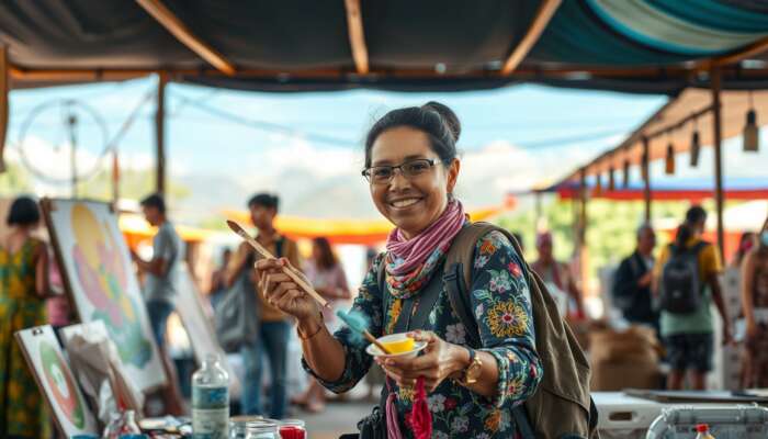 A traveller painting in a lively local art class amid a bustling market, with others joining wildlife conservation and adventure sports.