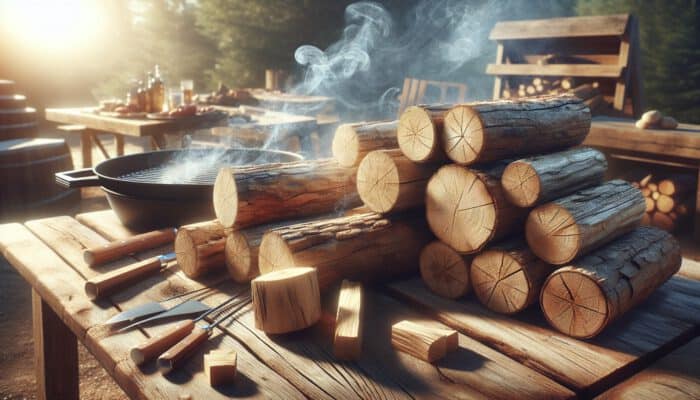 Close-up of dry, well-seasoned wood logs with uniform colors on a rustic table, subtle smoke in sunlit outdoors and tools nearby.