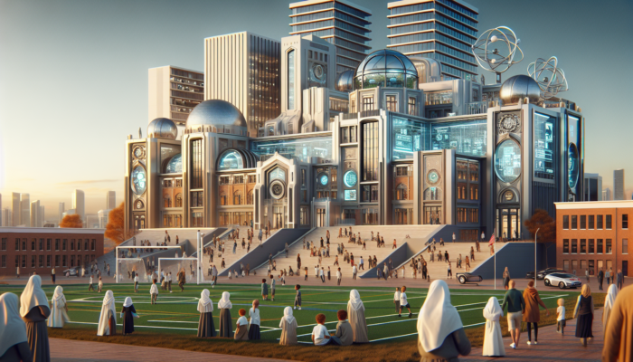 Modernized primary school in futuristic Bloemfontein with tech labs, vibrant sports fields, and families admiring under a clear sky.