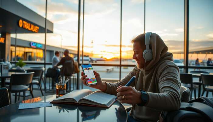 A traveller at an airport café checks a smartphone app with colourful expense categories while writing in a notebook, surrounded by travel items under a sunset sky.