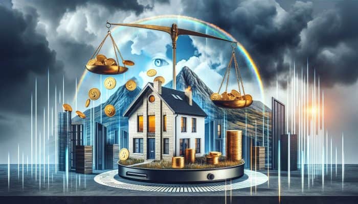 Consolidating Debt on Interest-Only Mortgages | DCL Consolidating Debt on Interest Only Mortgages: Illustration of a modern house with raining golden coins, looming repayment mountain, balanced risk-reward scales, under FCA eye in financial cityscape.