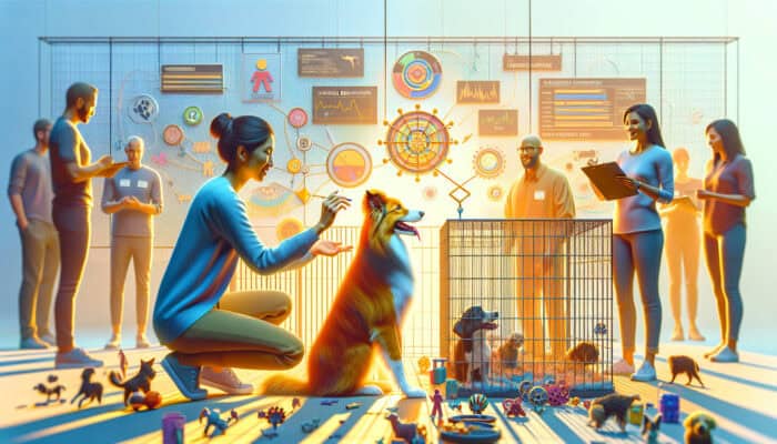 A behaviorist assesses a playful border collie with toys and obstacles in a sunny adoption center, as volunteers observe.