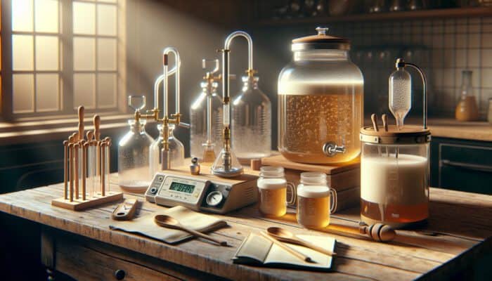 Rustic wooden table showcasing fermentation equipment: bubbling glass jars, airlock, digital thermometer, hydrometer, and stirring spoons illuminated in golden light.