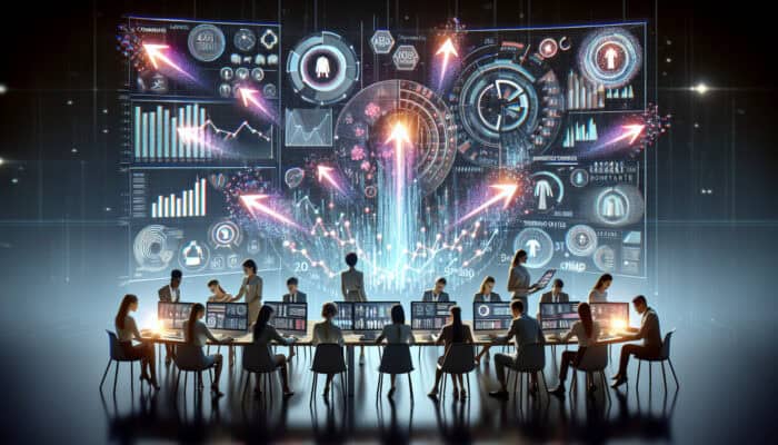 Marketers in a modern command center analyze holographic screens with real-time data, swiftly adapting a fashion campaign to trending outfits.