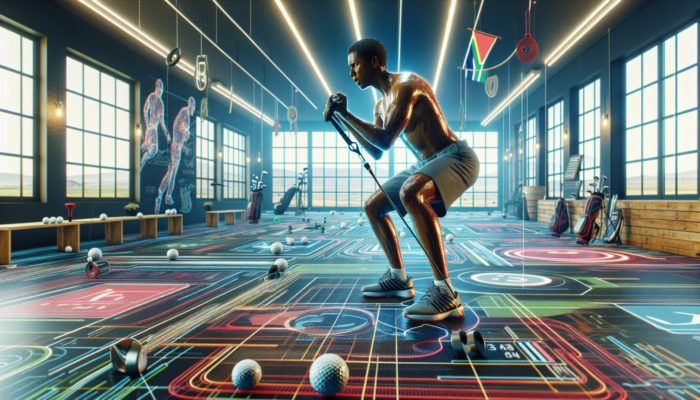 Golf Strength Training for Accuracy: A focused South African golfer performs core exercises with resistance bands and weights in a vibrant Johannesburg gym, building swing strength.