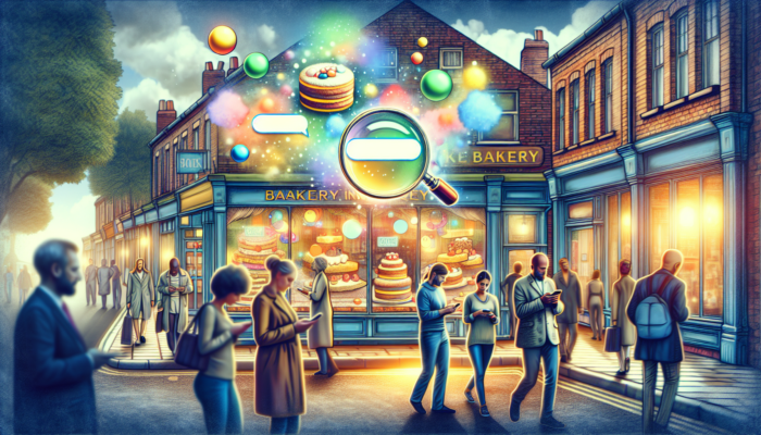 SEO in Kingswood, Gloucestershire for Small Business: A bustling Kingswood street with locals using smartphones to search for a top-ranked bakery, featuring floating keywords and a magnifying glass symbolizing SEO.