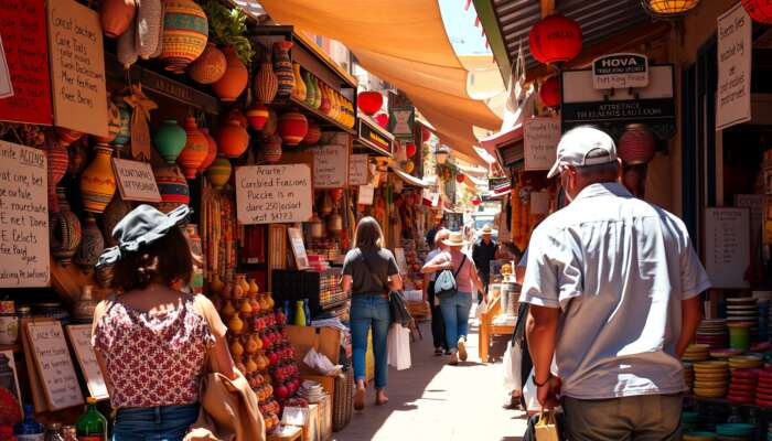 Vibrant market in San Miguel de Allende: Shoppers examine colourful artisanal goods, compare prices on signs, and prioritise quality at sunny stalls.