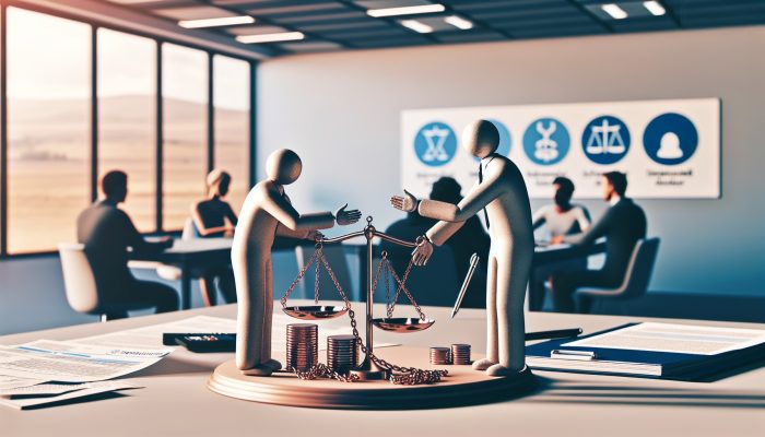 National Debtline vs Debt Consolidation Loans | DCL A supportive UK advisor at National Debtline guides a diverse individual through debt relief in a modern office, surrounded by broken chains, balanced scales, and financial charts.