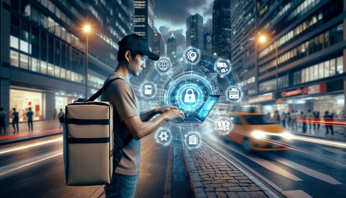 Determined gig worker with delivery bag and laptop examines holographic chart of debts merging into one loan on bustling street at dusk.