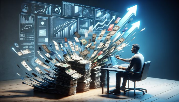 A serene person at a modern desk organizes chaotic bills and cards into one payment, with upward arrows showing lower interest and financial growth.