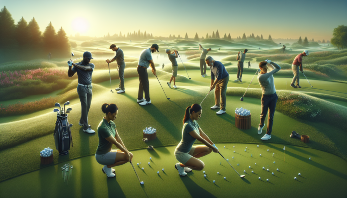 Focused golfers warming up on a dew-covered fairway at dawn, stretching, swinging clubs, and practising putts under a soft sunrise glow.