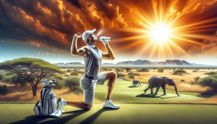 A golfer warming up with stretches on a sunny course near Kruger National Park, enjoying the views of savanna hills and local wildlife while sipping a drink and applying sunscreen.