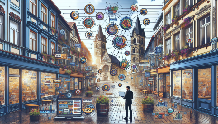 E-commerce SEO in Royal Wootton Bassett for Small Business: A shopkeeper in a quaint Royal Wootton Bassett store optimises a laptop, surrounded by floating keywords, product images, and SEO icons amidst historic architecture.