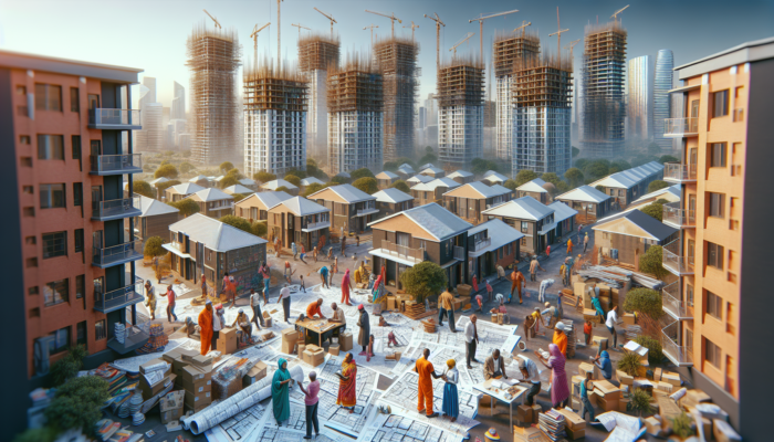 Bustling construction site in Centurion, South Africa: modern homes under construction, zoning signs, blueprints, and people discussing affordable housing.