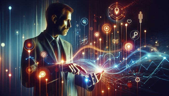 Small business owner in Yeovil analyzes a glowing digital dashboard with rising SEO metrics, colorful graphs, and search icons.