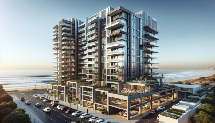 Modern apartment building in Umhlanga with contemporary kitchens, secure parking, and vibrant communal spaces for young professionals.